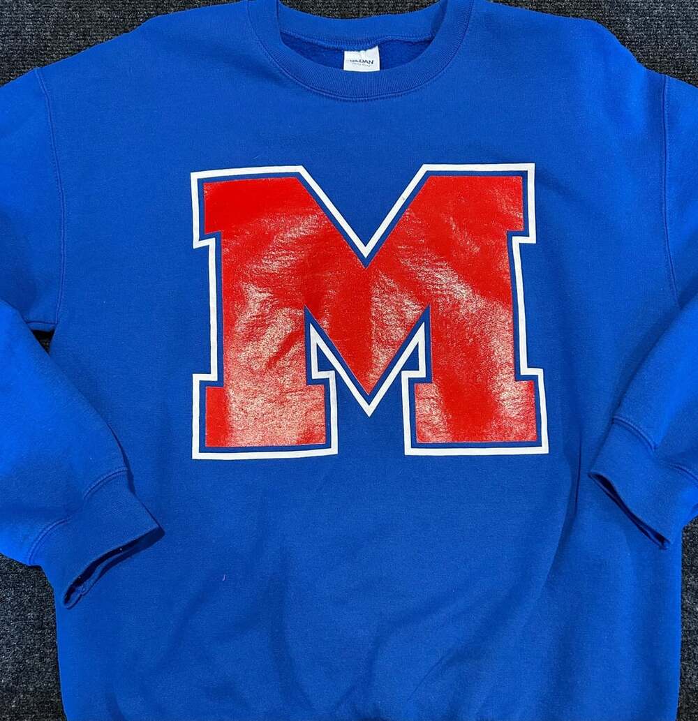 Gildan Heavy Blend Royal Blue Ole Miss Sweatshirt with Red Letter M Graphic